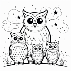 Owl Family in the Night Sky: Starry-Scene Coloring Pages 4