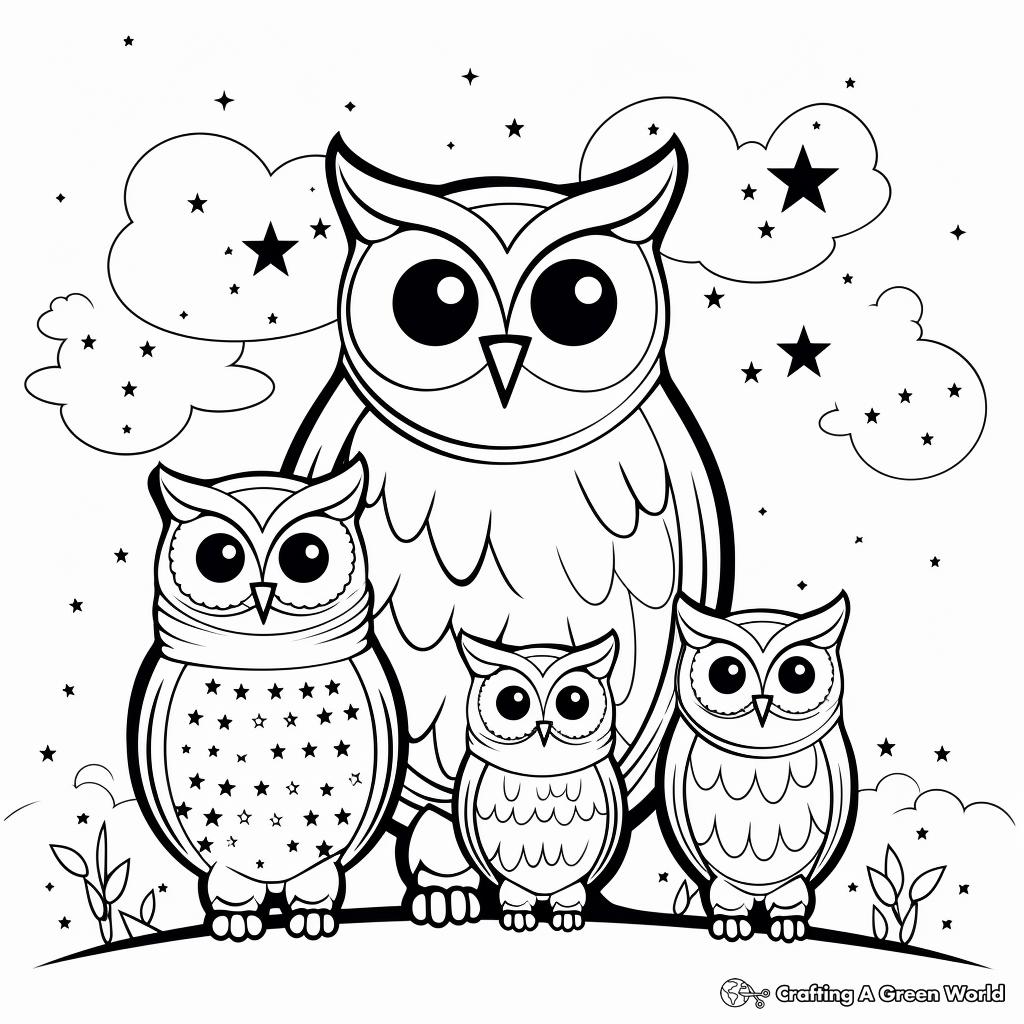 Owl Family in the Night Sky: Starry-Scene Coloring Pages 3