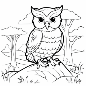 Owl in the Wild: Forest-Scene Coloring Pages 1