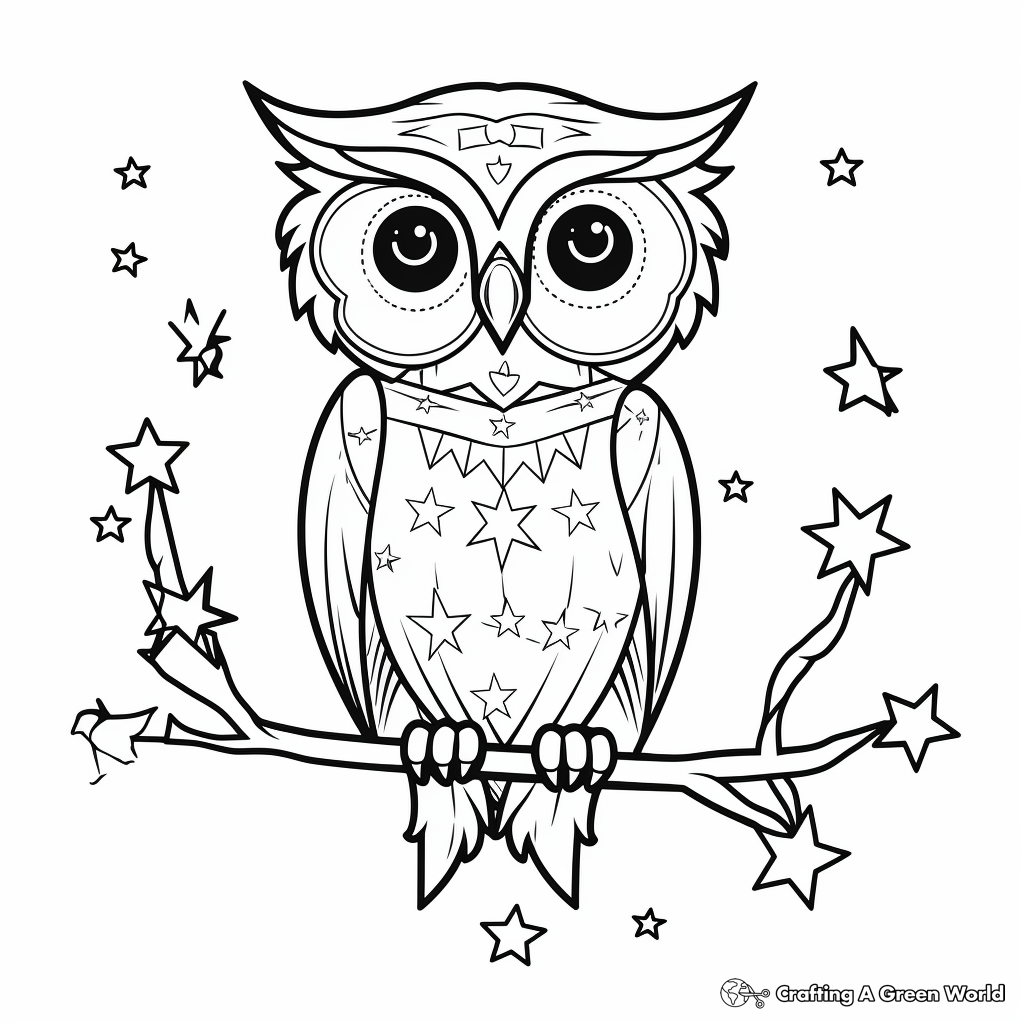 Owl on a Branch Under the Stars Coloring Pages 2