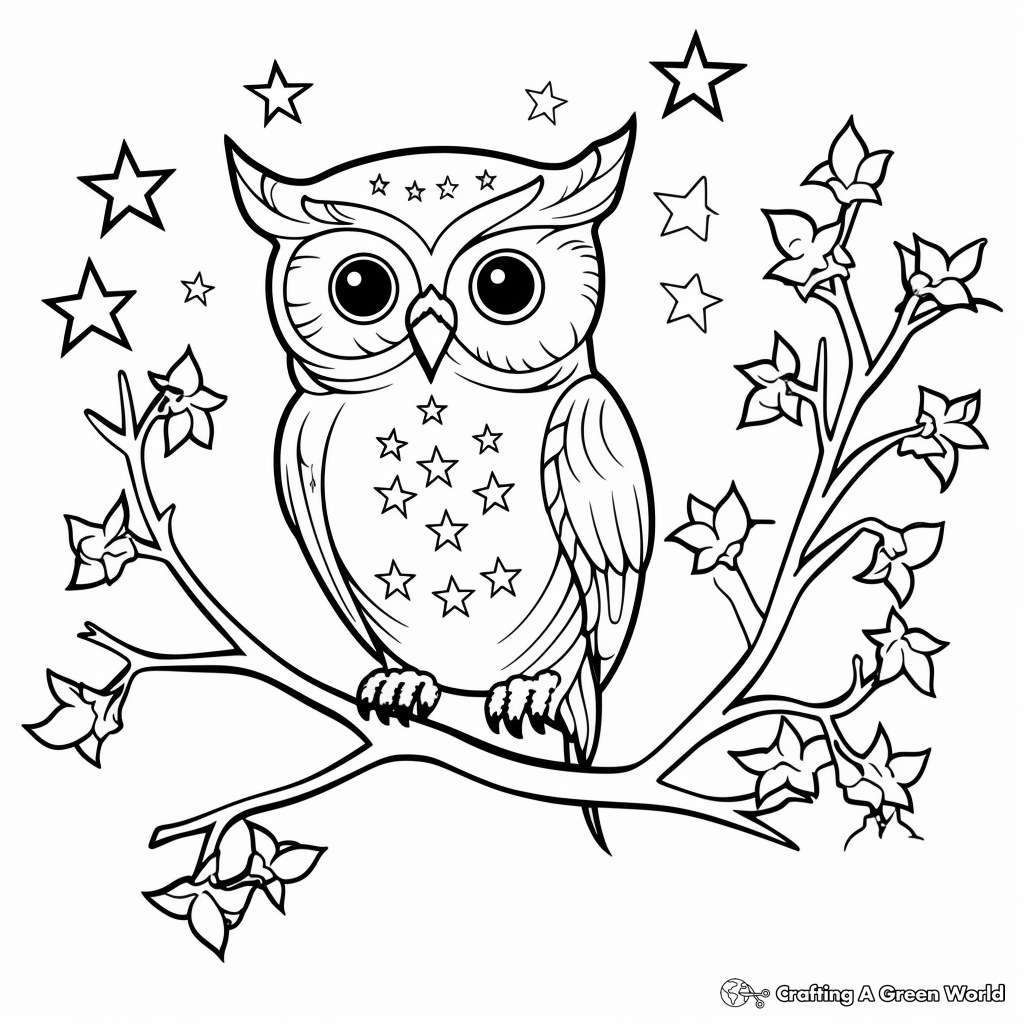 Owl on a Branch Under the Stars Coloring Pages 4
