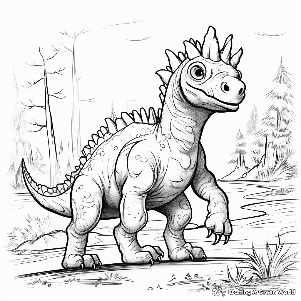 Pachycephalosaurus in the Wild: Prehistoric Scene Coloring Pages 1