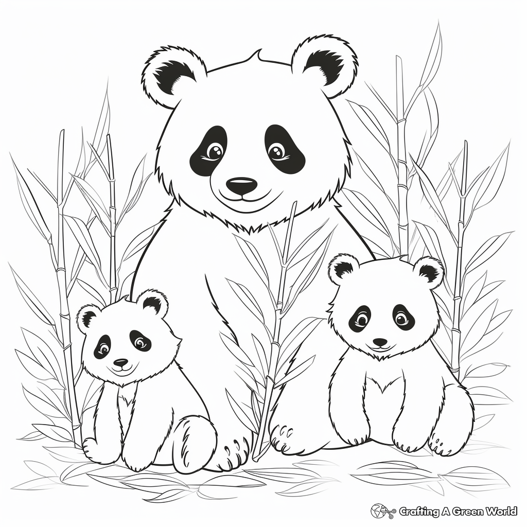 Panda Bear Family in Bamboo Forest: Kids Coloring Pages 1
