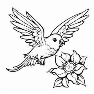 Parakeet Hovering over Flower Coloring Pages 1