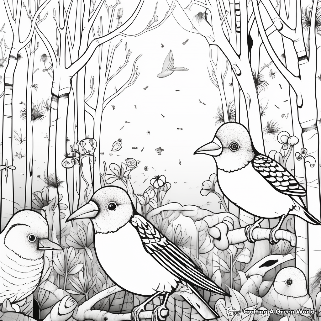 Parakeets in the Wild: Jungle-Scene Coloring Pages 1