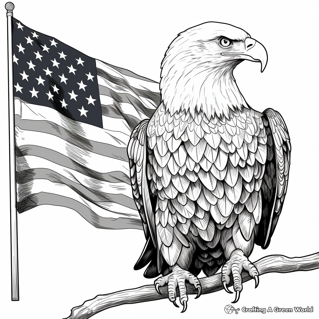 Patriotic Bald Eagle with American Flag Coloring Page 1