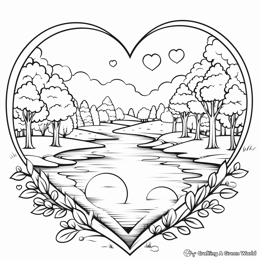 Peaceful Heart-Shaped Landscape Coloring Pages 1