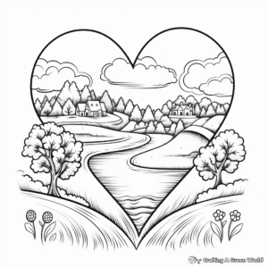 Peaceful Heart-Shaped Landscape Coloring Pages 2