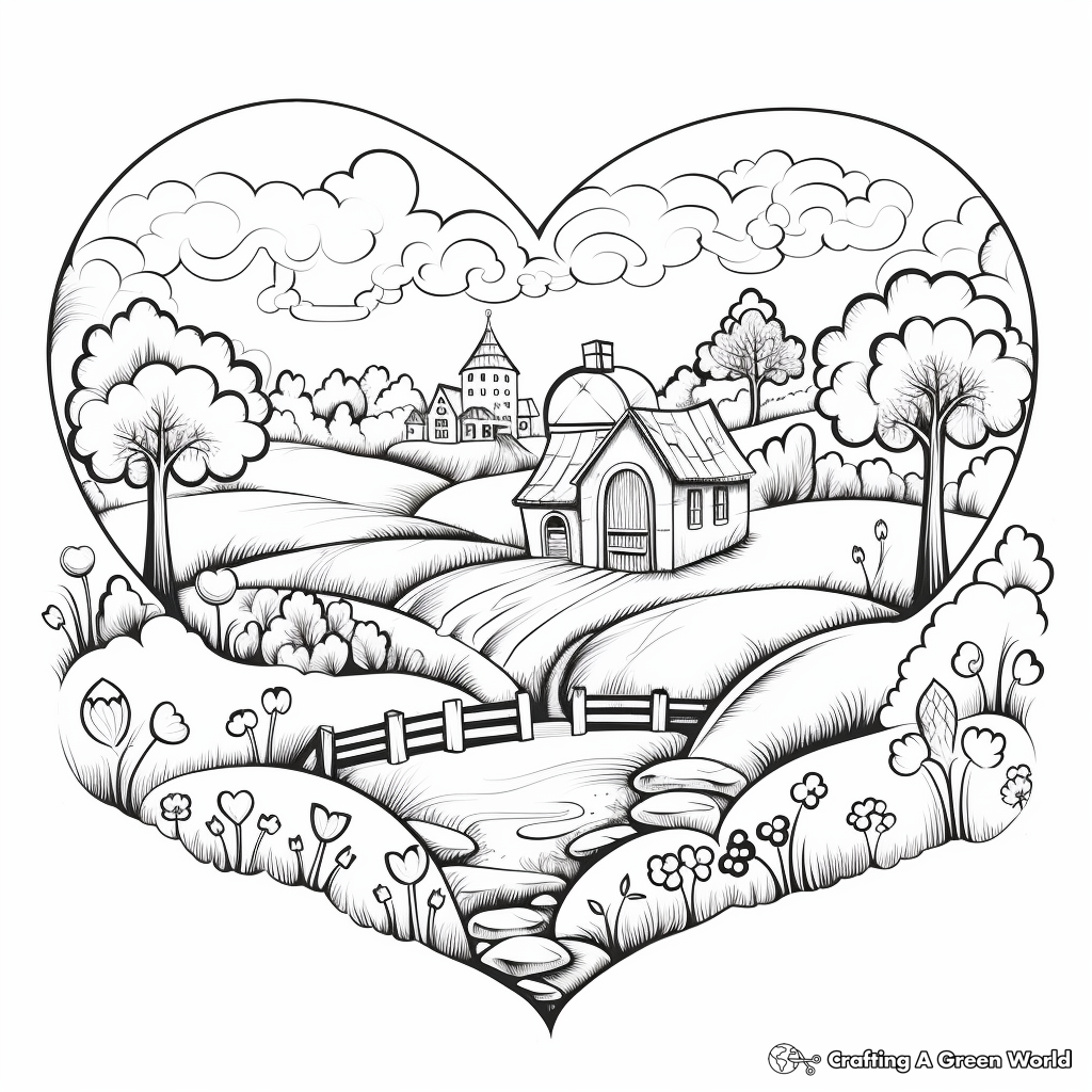 Peaceful Heart-Shaped Landscape Coloring Pages 3