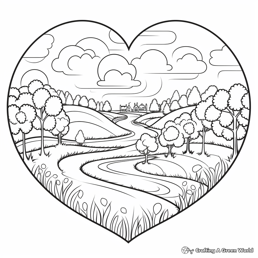 Peaceful Heart-Shaped Landscape Coloring Pages 4
