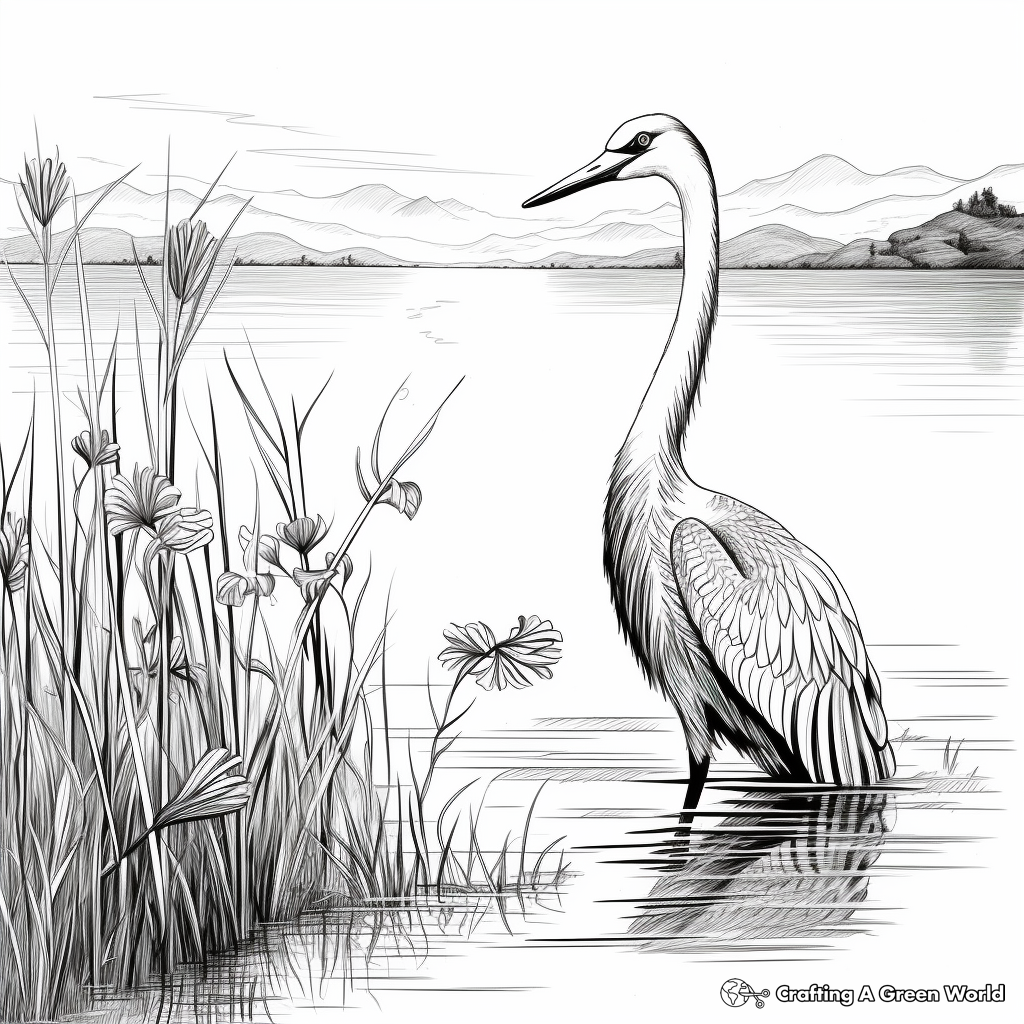 Peaceful Lake-Scene with Blue Heron Coloring Pages 1