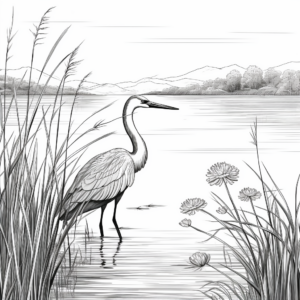 Peaceful Lake-Scene with Blue Heron Coloring Pages 2