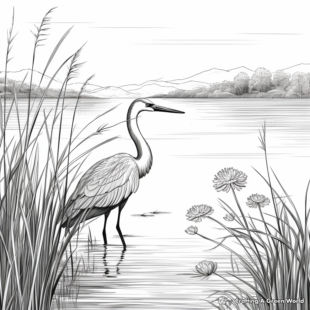Peaceful Lake-Scene with Blue Heron Coloring Pages 2