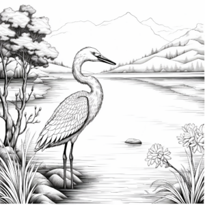 Peaceful Lake-Scene with Blue Heron Coloring Pages 3