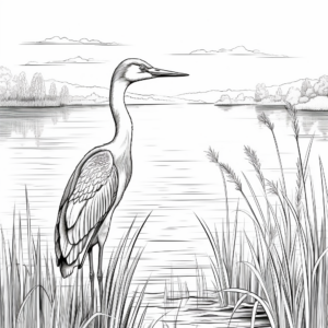 Peaceful Lake-Scene with Blue Heron Coloring Pages 4