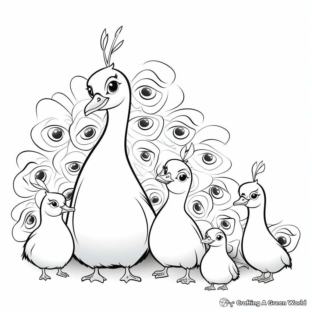 Peacock and Pea-chicks Family Coloring Pages 3