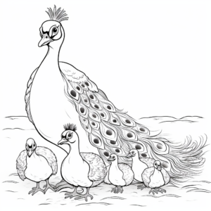 Peacock Family Coloring Pages: Male, Female and Chicks 1