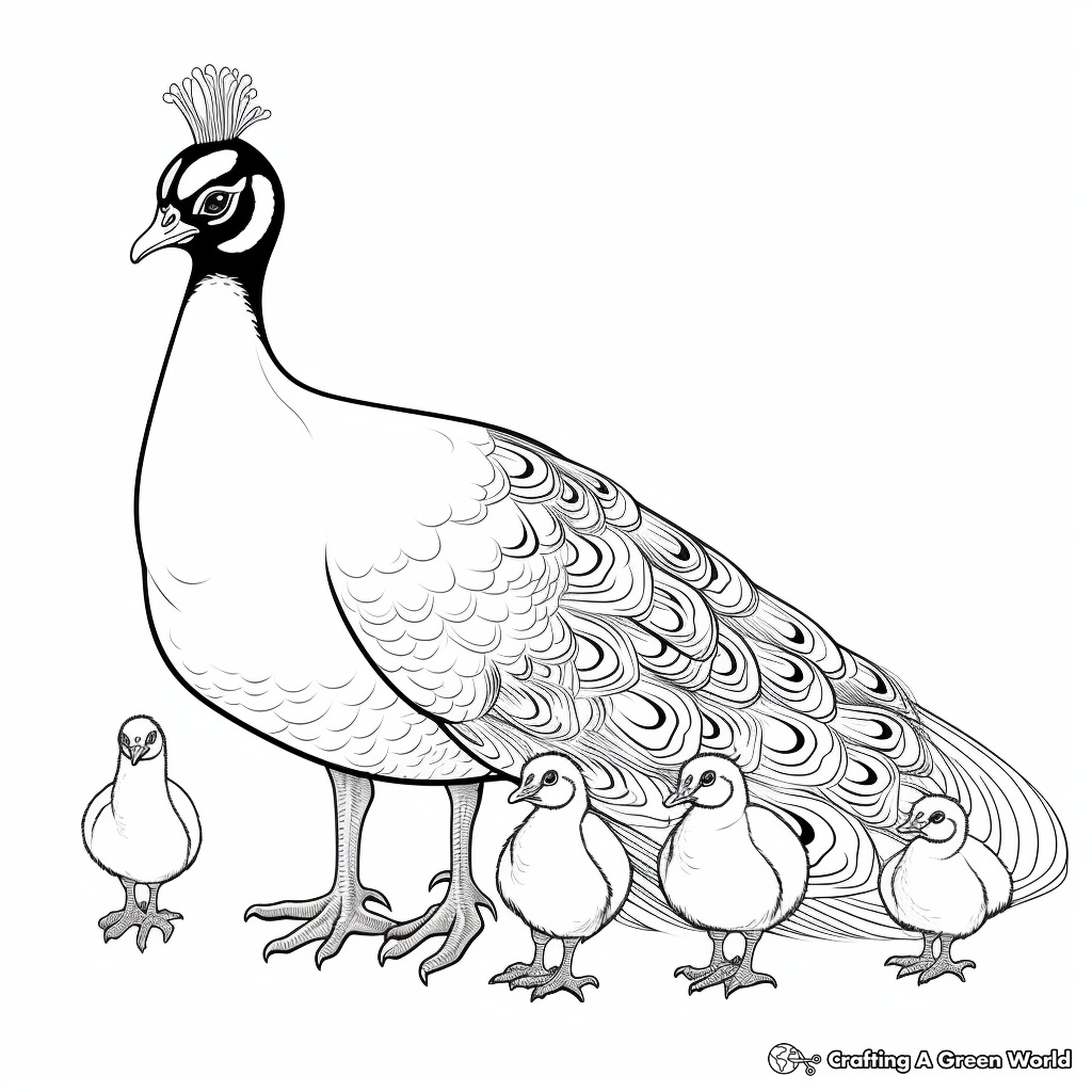 Peacock Family Coloring Pages: Male, Female and Chicks 2