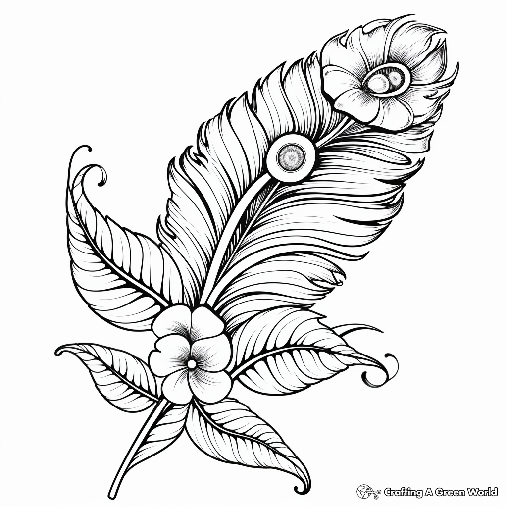 Peacock Feather with Flowers: Botanical Coloring Pages 2