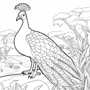 Peacock in Nature Setting Coloring Pages 1