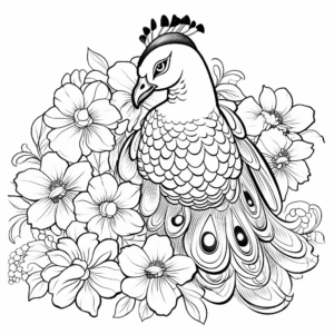 Peacock with Floral Accent Coloring Pages 1