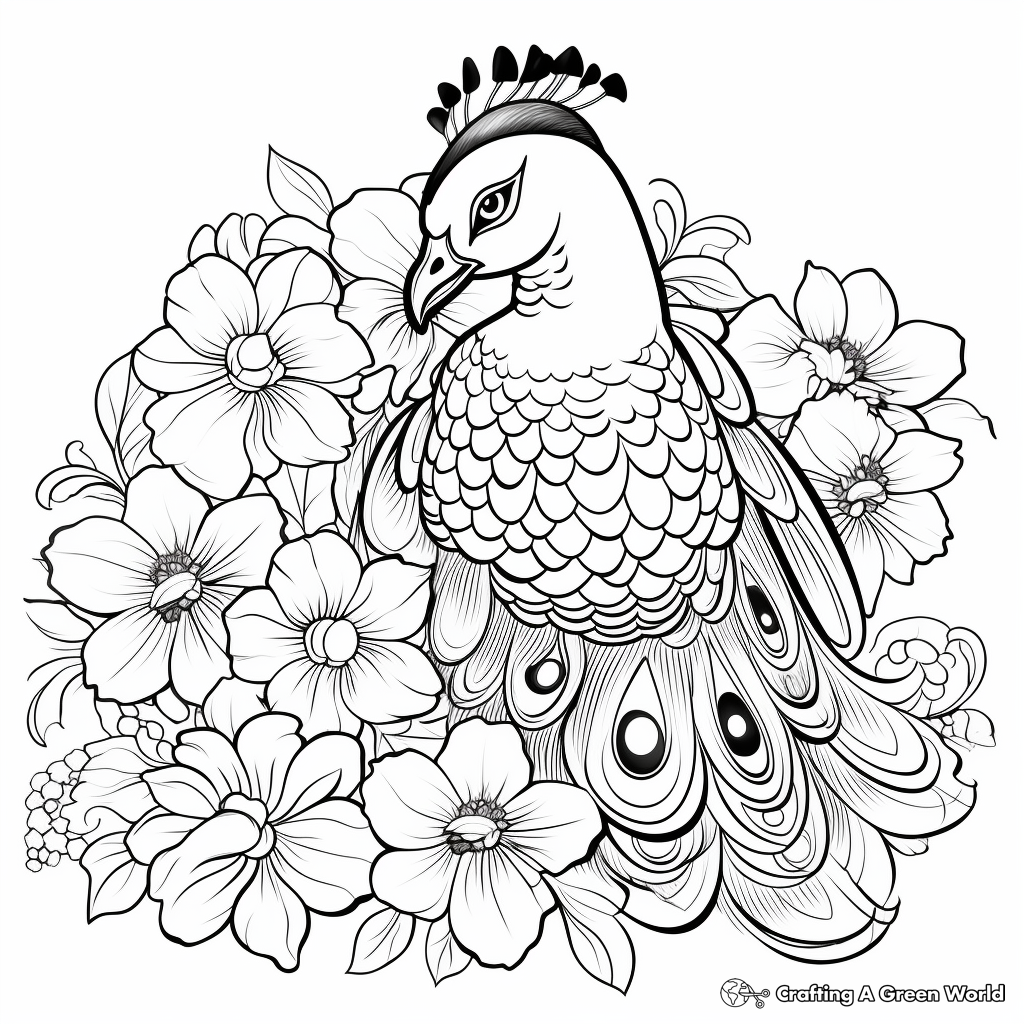 Peacock with Floral Accent Coloring Pages 1