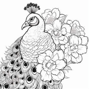 Peacock with Floral Accent Coloring Pages 2