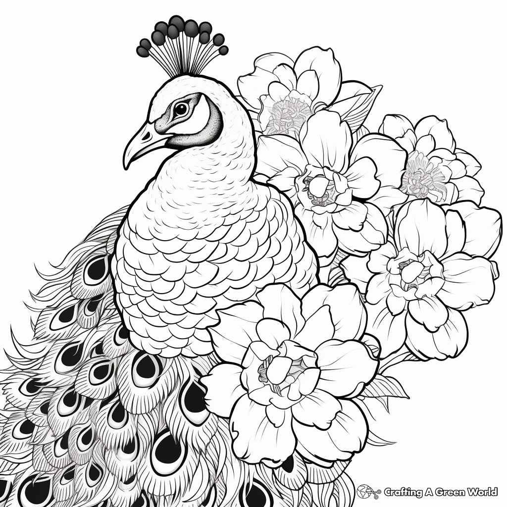 Peacock with Floral Accent Coloring Pages 2