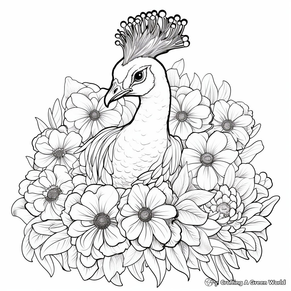 Peacock with Floral Accent Coloring Pages 4