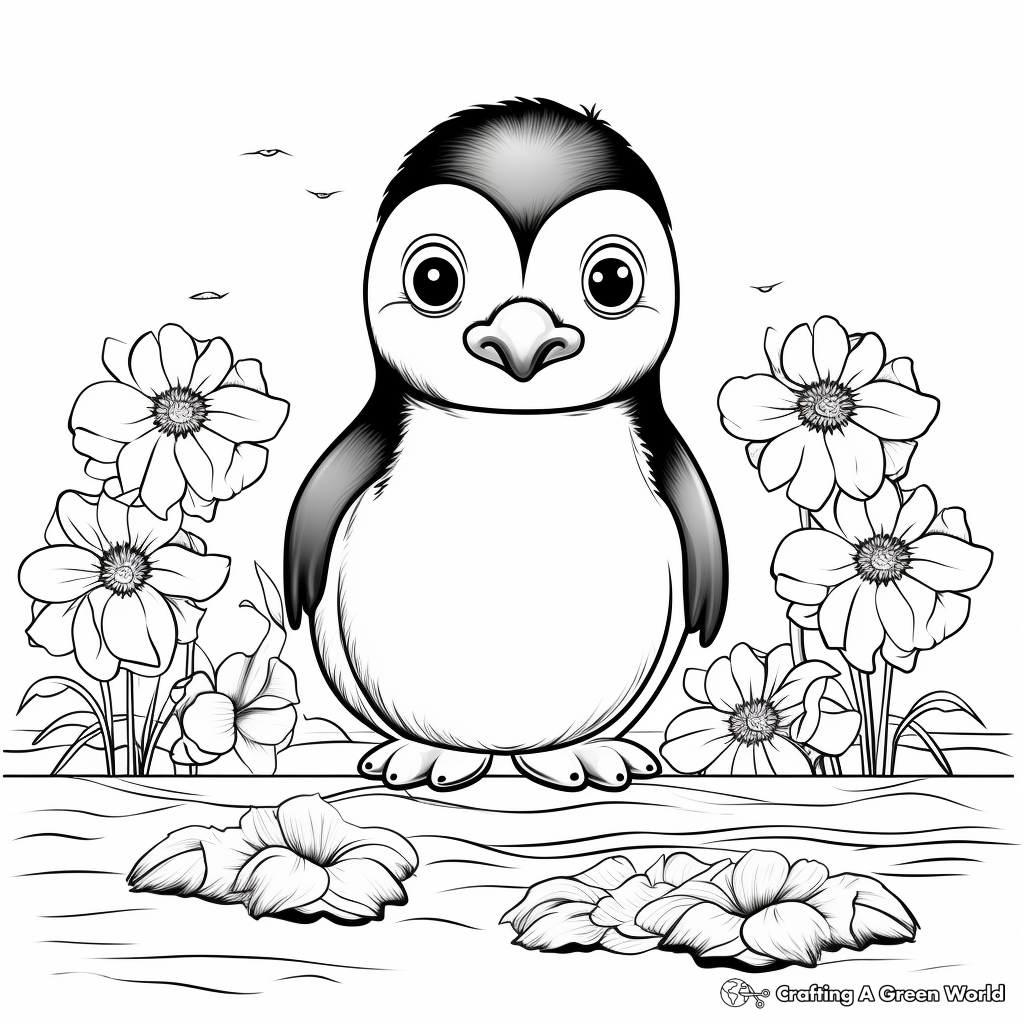 Penguin with Arctic Poppies Coloring Pages 1