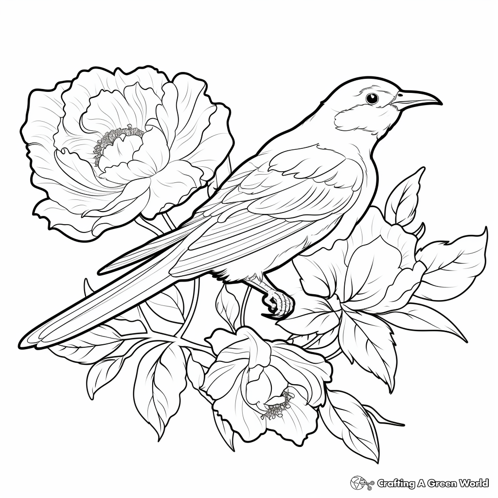 Peony and Bird Coloring Pages 1