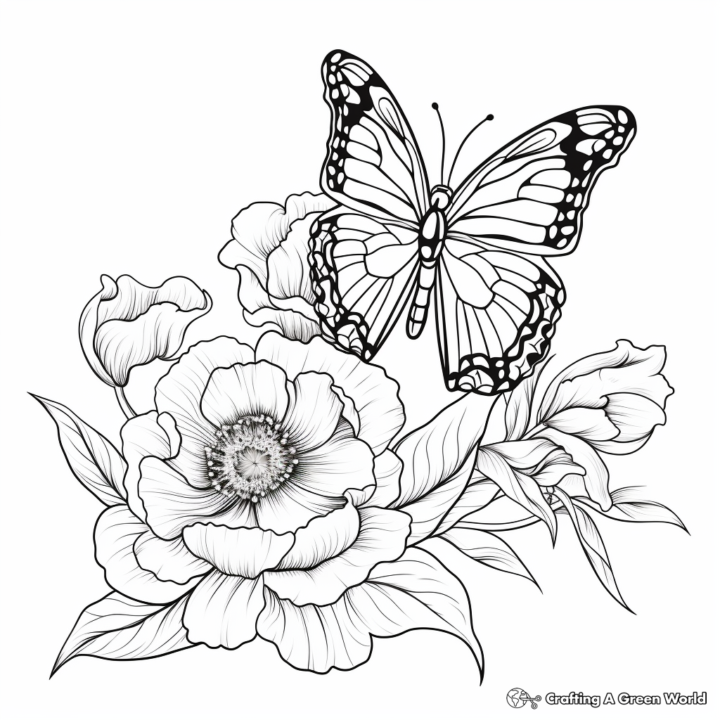 Peony and Butterfly Coloring Pages 2