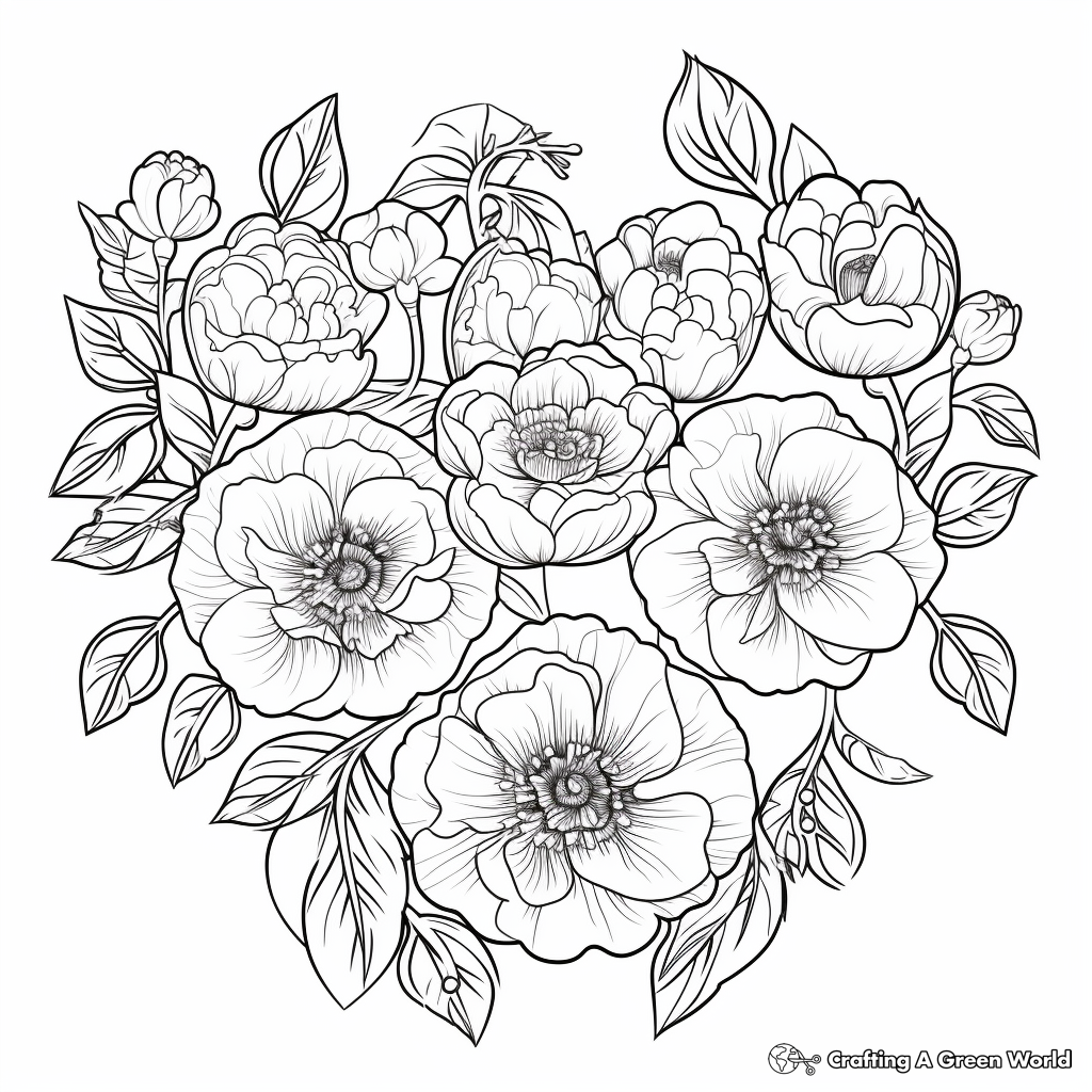 Peony and Heart Garlands Coloring Pages 4