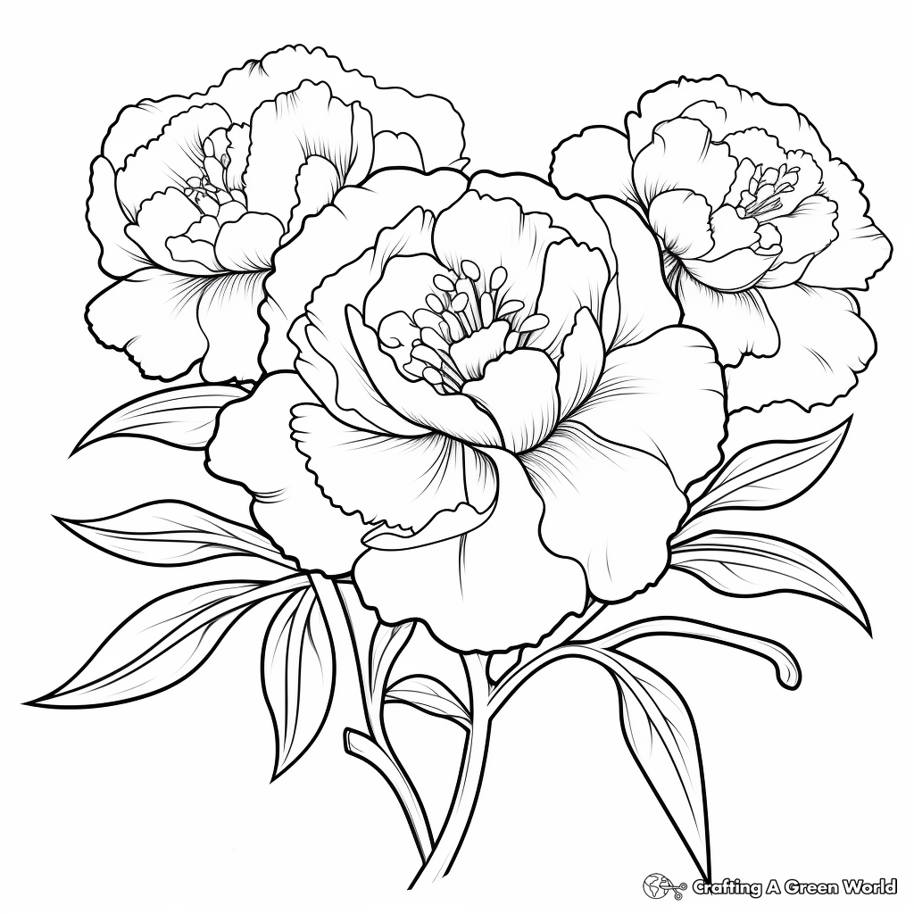 Peony Blossom Coloring Page: Close-up blooming petals 3