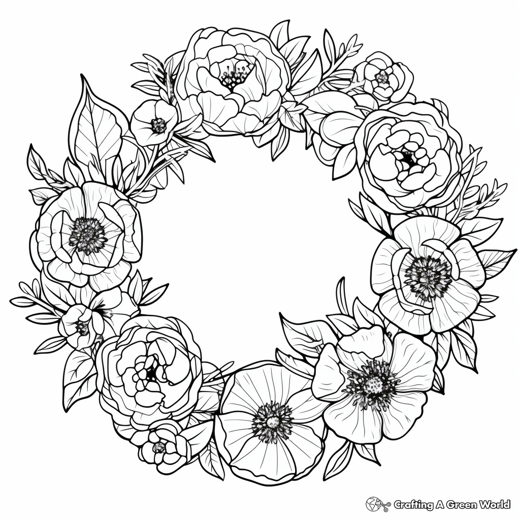 Peony Flower Wreath Coloring Pages for Adults 1