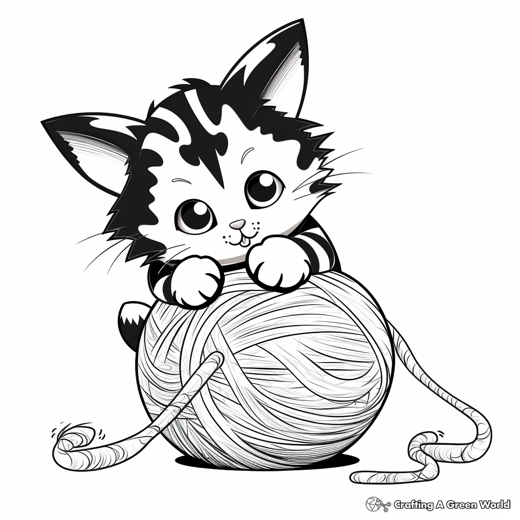 Playful Calico Kitten Swatting a Yarn Ball Coloring Page 1
