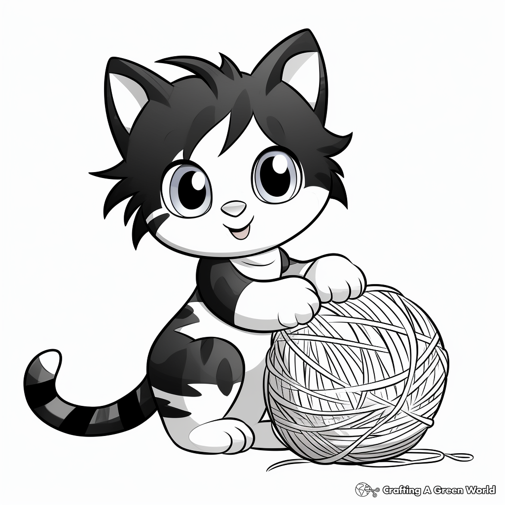 Playful Calico Kitten Swatting a Yarn Ball Coloring Page 2
