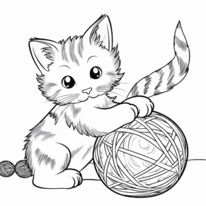 Playful Calico Kitten Swatting a Yarn Ball Coloring Page 3