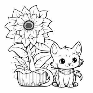Playful Cats and Sunflower Coloring Pages 1