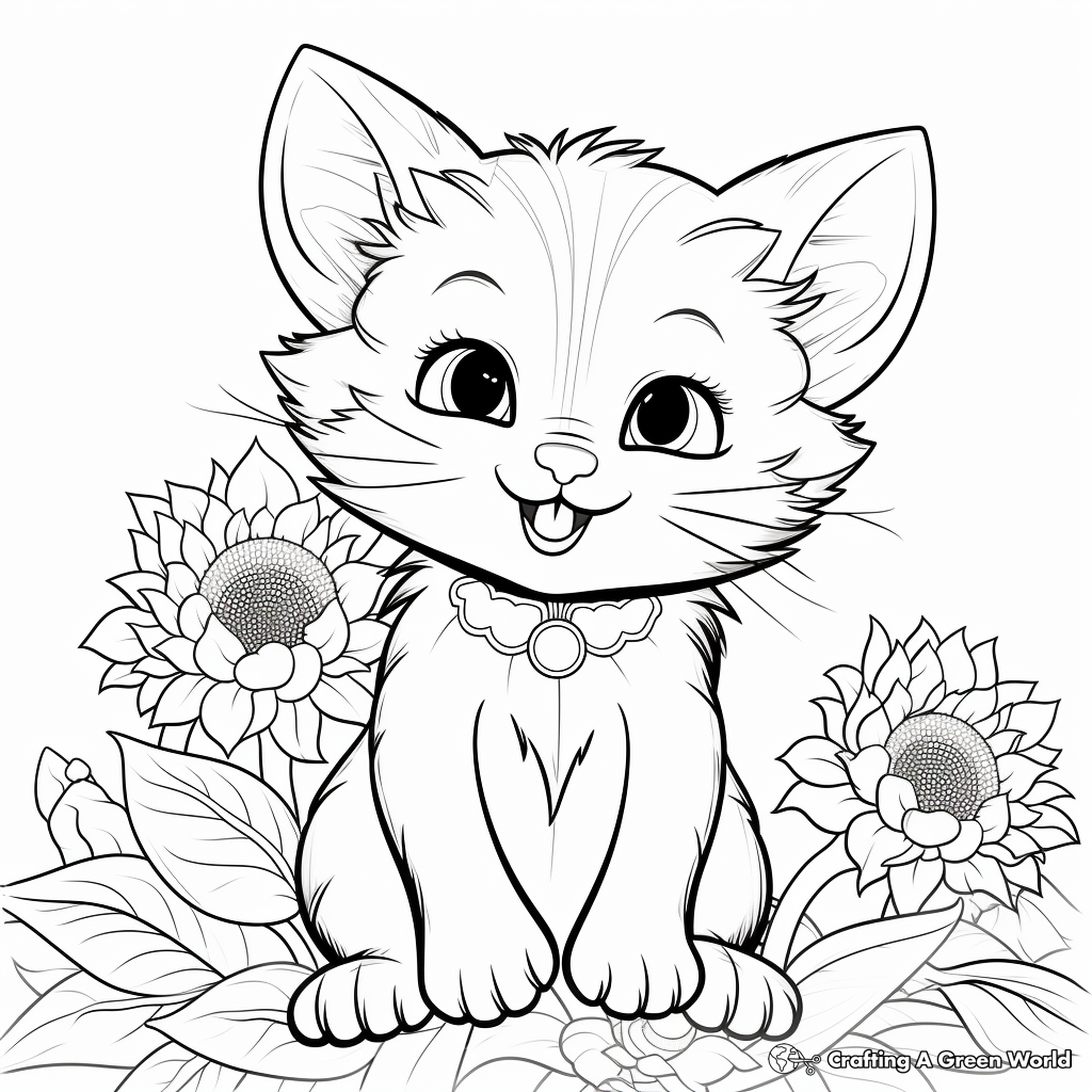 Playful Cats and Sunflower Coloring Pages 2