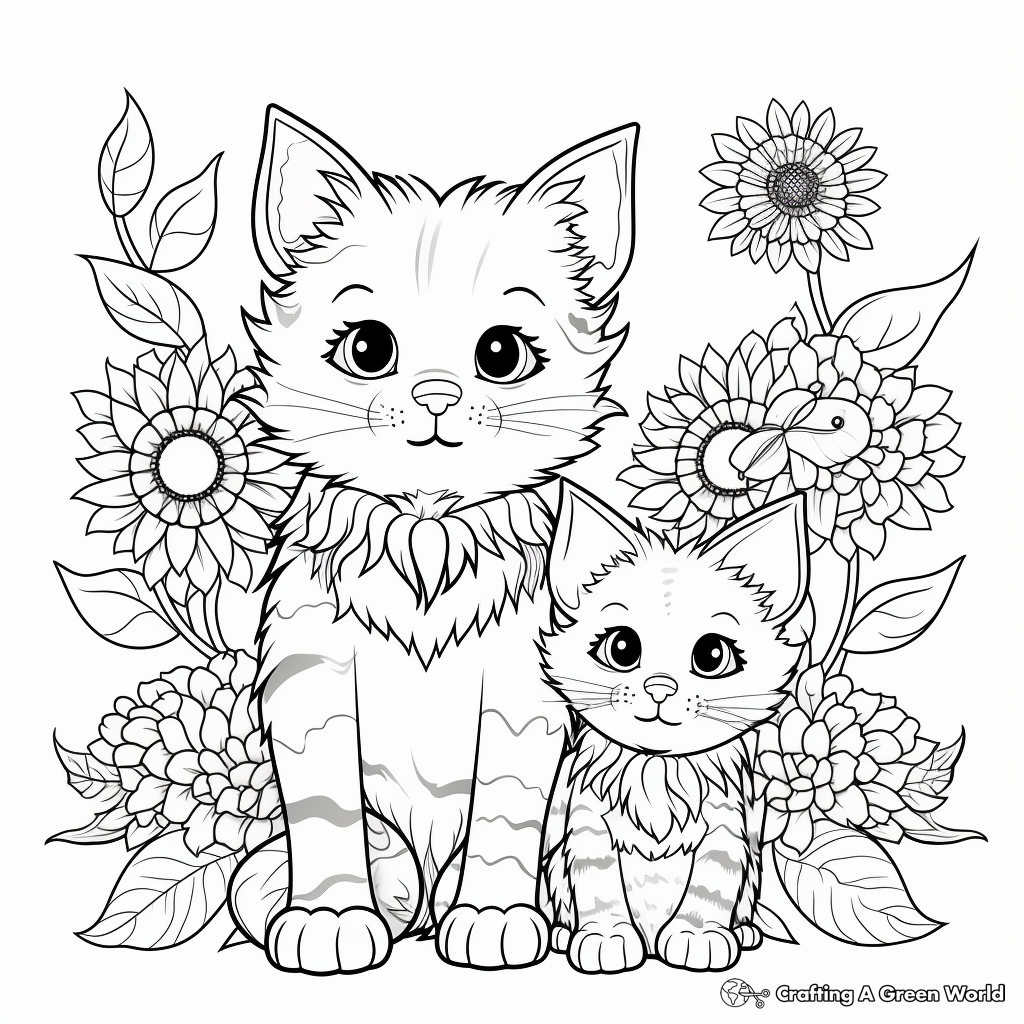 Playful Cats and Sunflower Coloring Pages 3