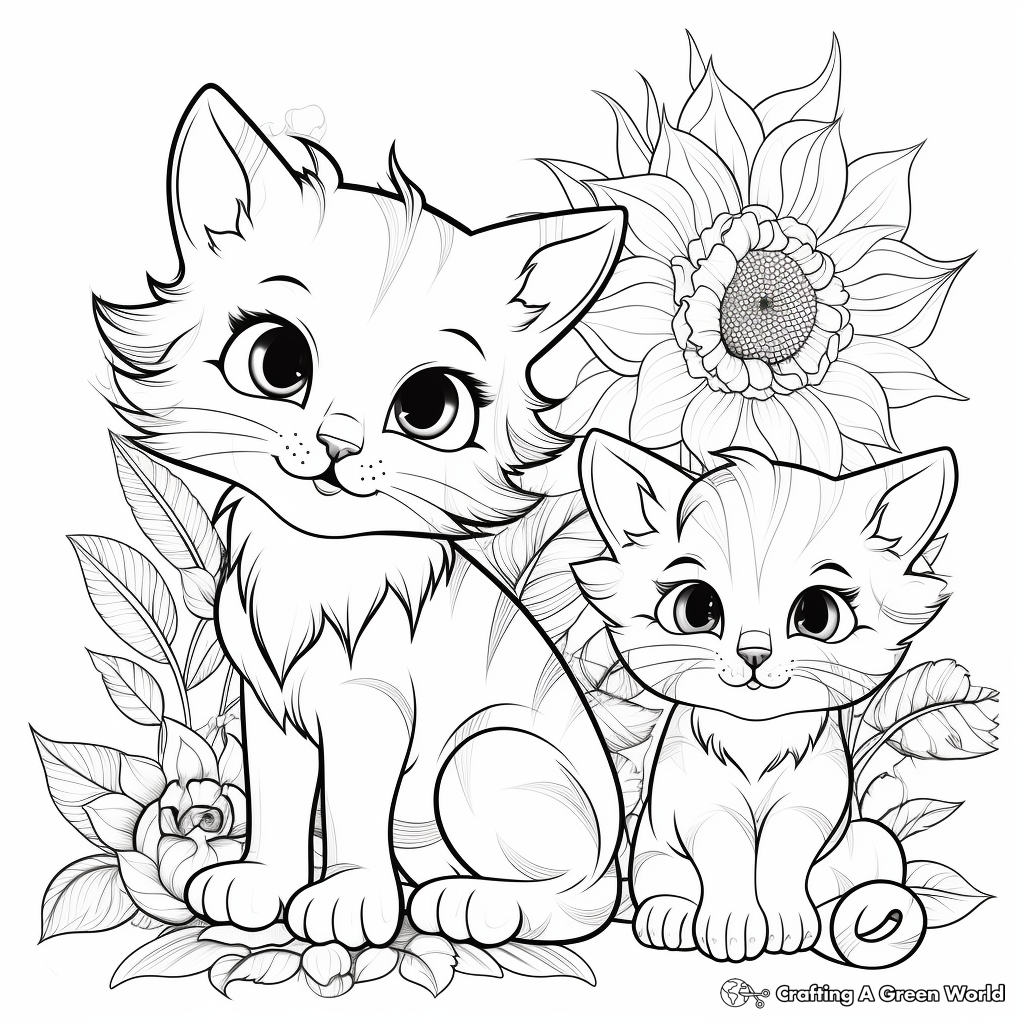 Playful Cats and Sunflower Coloring Pages 4