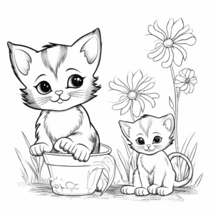 Playful Kittens and Buttercup Flower Coloring Pages for Kids 1