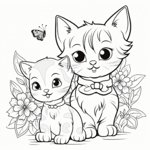 Playful Kittens and Buttercup Flower Coloring Pages for Kids 4