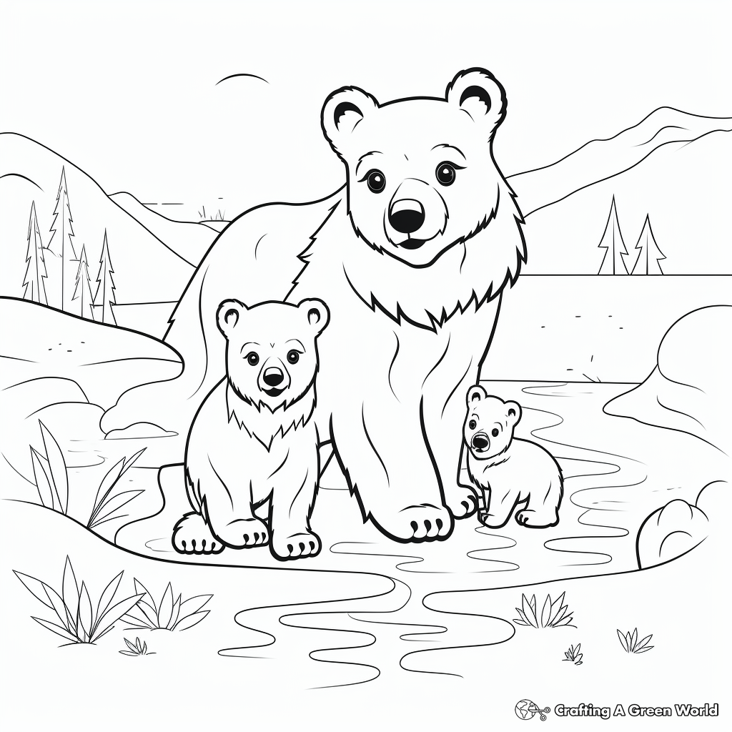 Playful Mama & Baby Bear in River Coloring Pages 1