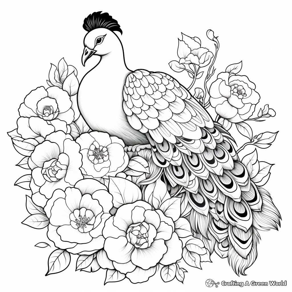 Playful Peacock and Peony Coloring Sheets 2