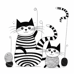 Playful Striped Cats with Yarn Coloring Pages 1
