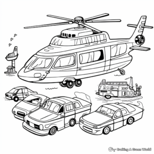 Police Transportation Fleet Coloring Pages: Cars, Helicopters, Boats 1