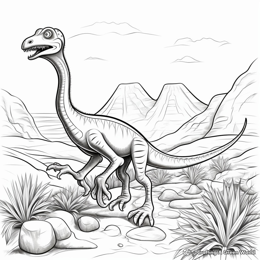 Prehistoric Compysognathus and Volcano Landscape Coloring Pages 1
