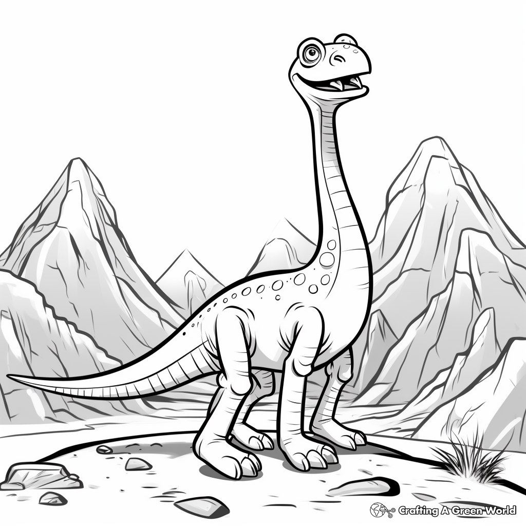 Prehistoric Compysognathus and Volcano Landscape Coloring Pages 3